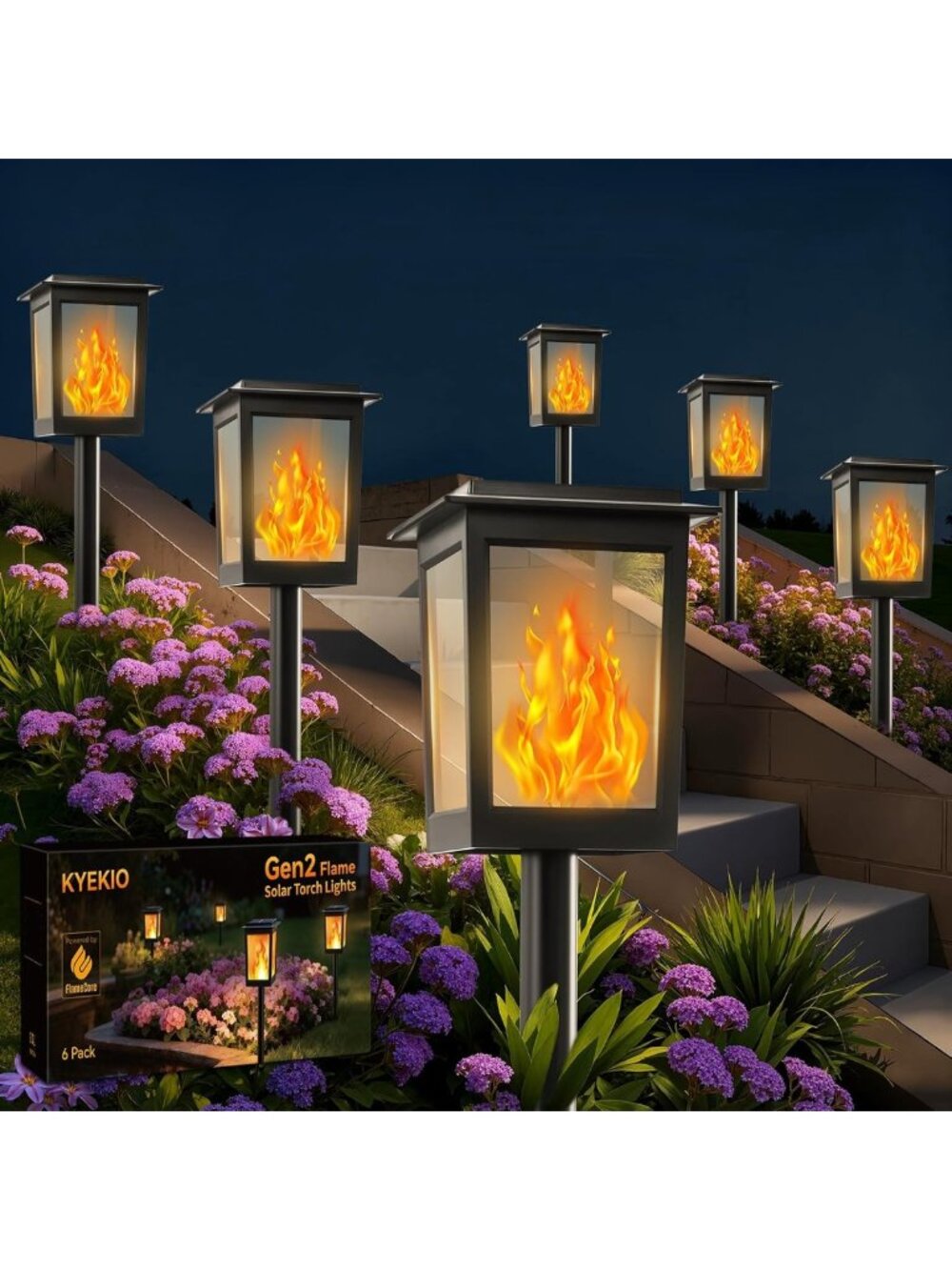 6-Pack Large Solar Torch Lights - Waterproof Flickering Flame Garden Decor